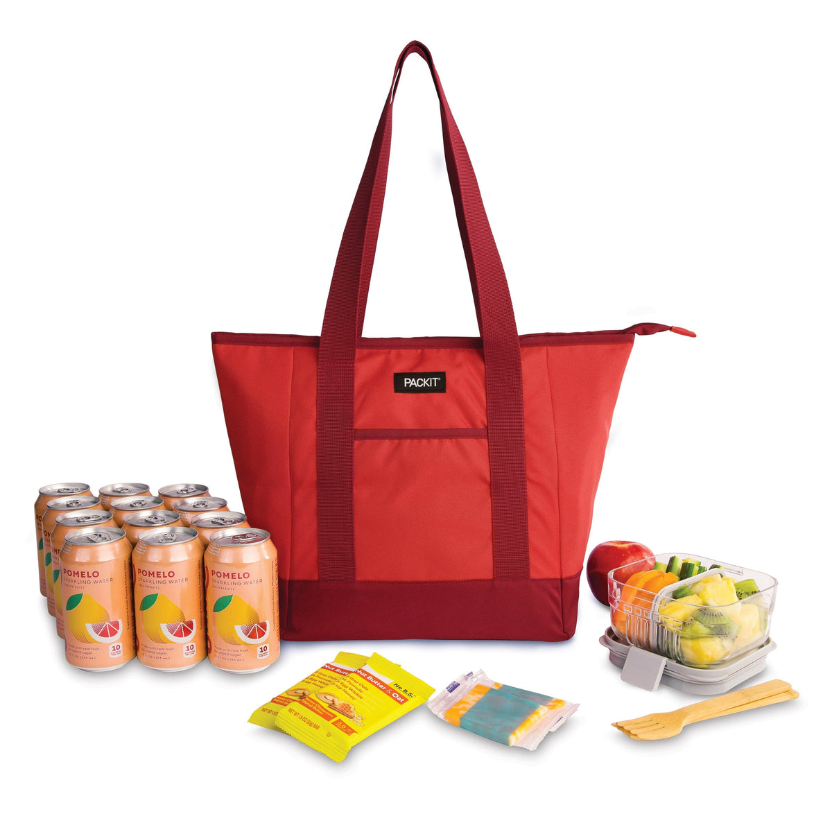 freezable-12-can-tote-cooler-l0 freezable-12-can-tote-cooler-poppy-front-food-combo.jpg